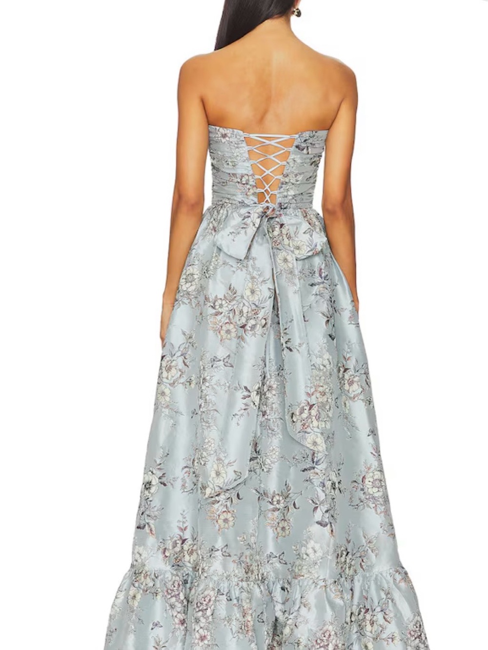 V Chapman Regina Lilibet Brocade Strapless Blue Floral Evening Gown - Picture 3 of 5